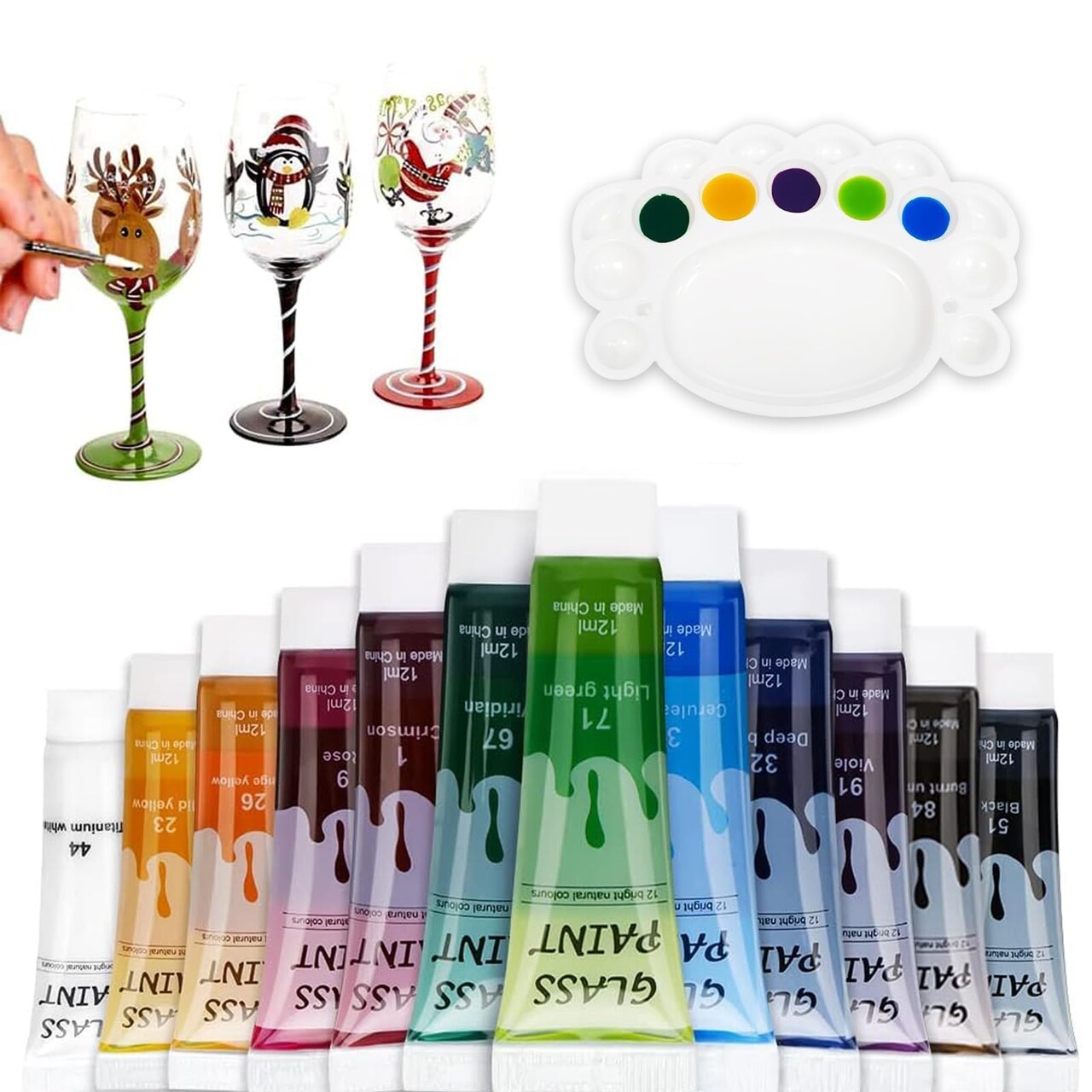 Glass Paint Stained Transparent Glass Window Paint Set Great for Glass Painting Wine Glasses Light Bulbs Ceramic Non-Toxic Waterproof Christmas Art Decor(12 Colors/4.9Oz)